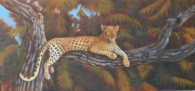 un leopardo sdraiato su um ramo